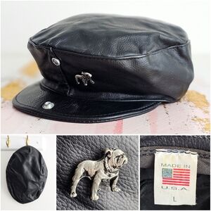 Rare Vintage Biker Silver Bulldog Pin Black Leather Motorcycle Hat Made in USA L